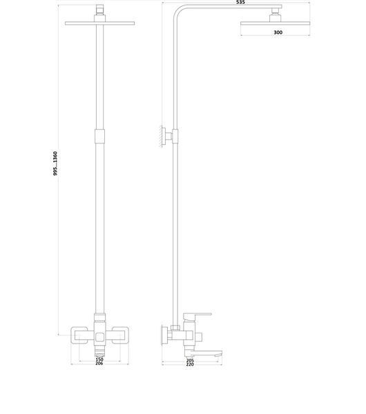 Душова система Globus Lux VAN-DS0026 Milano Лійка Тропік30*30см нерж з виливом латунь-Штанга H=150см 000014051 фото