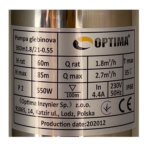 Насос свердловинний з підв, стійк, до піску 3&Prime; OPTIMA 3SDm1,8/21 0,55 кВт 85м +пульт+кабель 45м NEW 000021400 фото