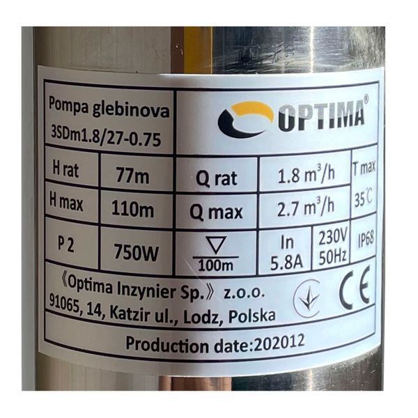 Насос свердловинний з підв, стійк, до піску 3&Prime; OPTIMA 3SDm1,8/27 0,75 кВт 115м +пульт+кабель 1,5мNEW 000021401 фото